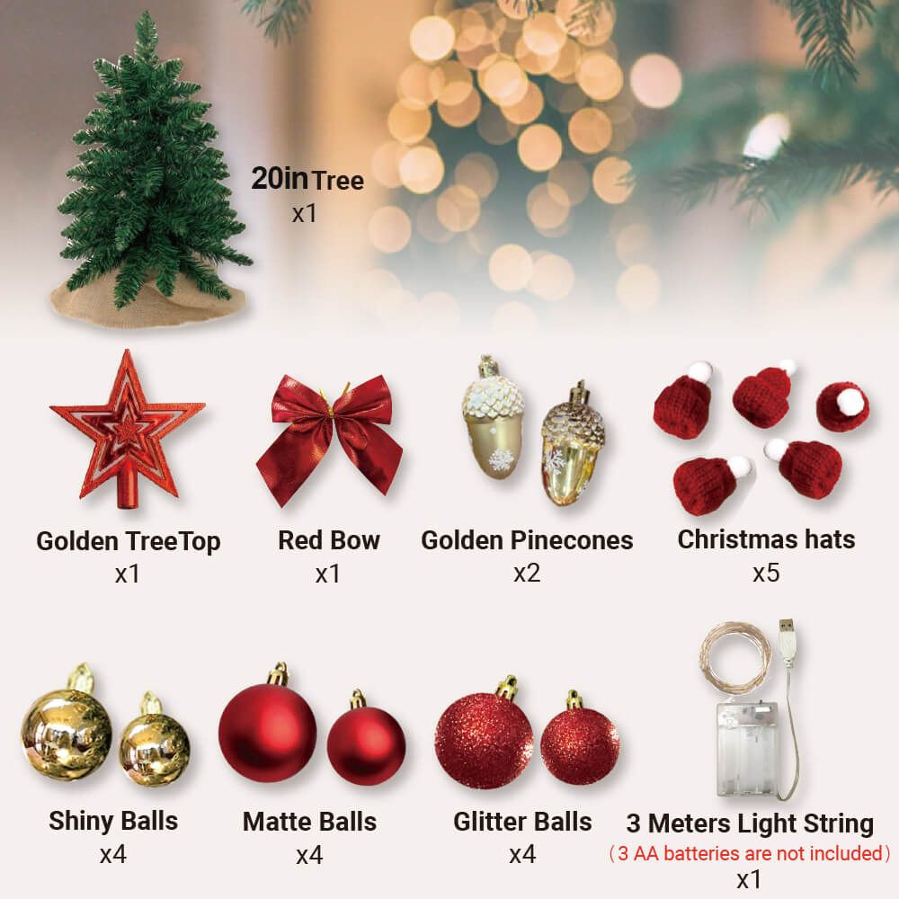 Small Xmas tree for office desk with red bows, golden pinecones, shiny and glitter balls, Christmas hats, and light string