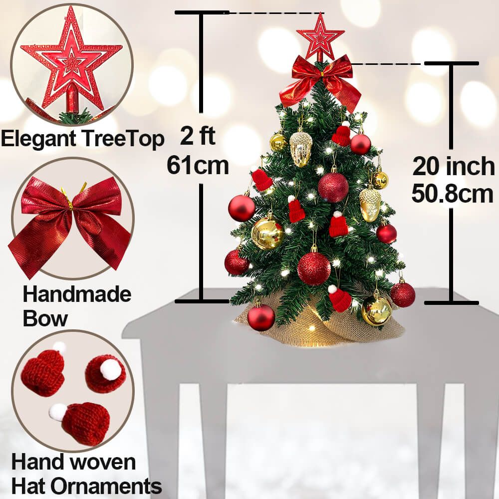 Small Xmas tree for office desk with red star treetop, handmade bow, and hand woven hat ornaments