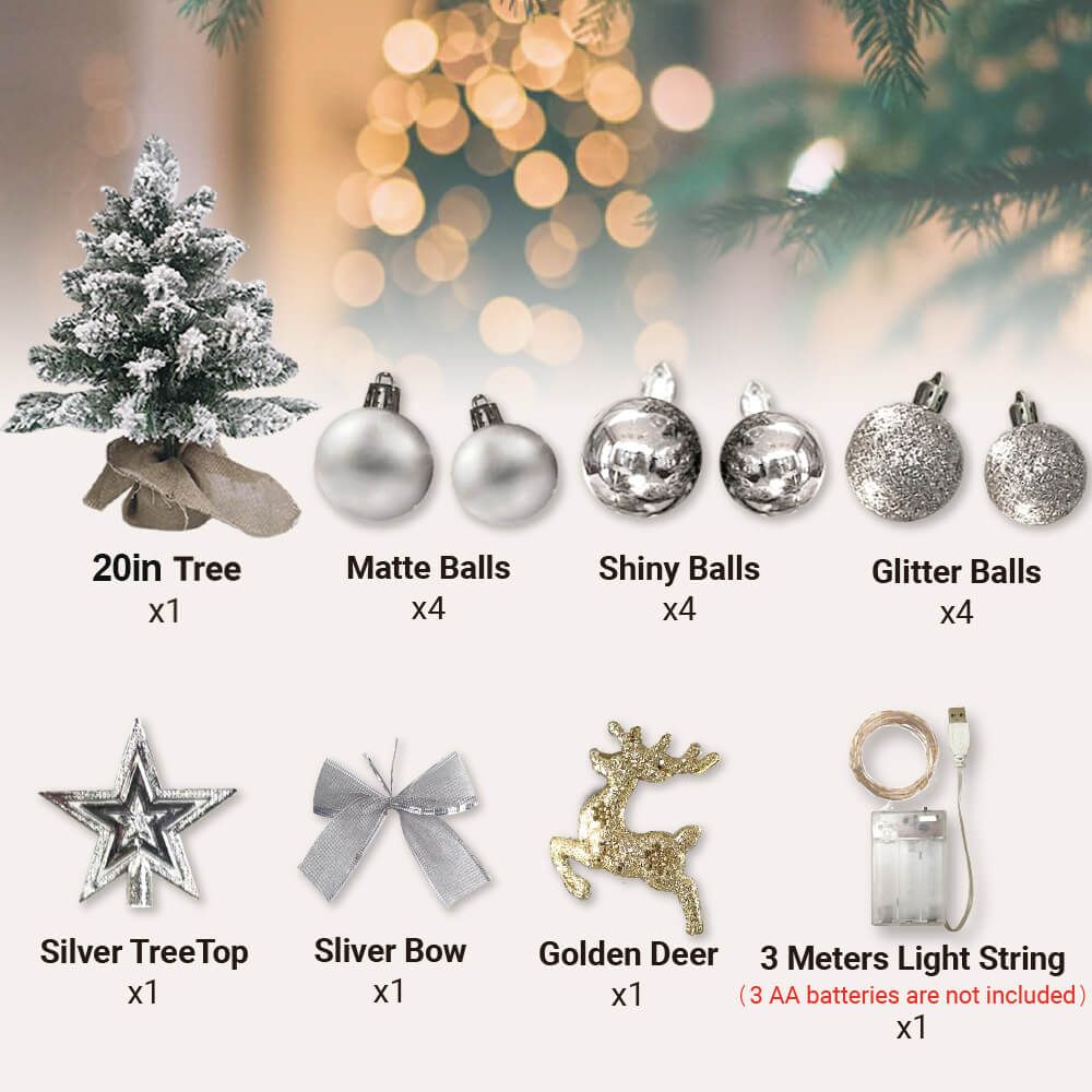 Small Xmas tree for office desk with 20 inch snowy tree, silver and glitter balls, star topper, bow, golden deer, and light string