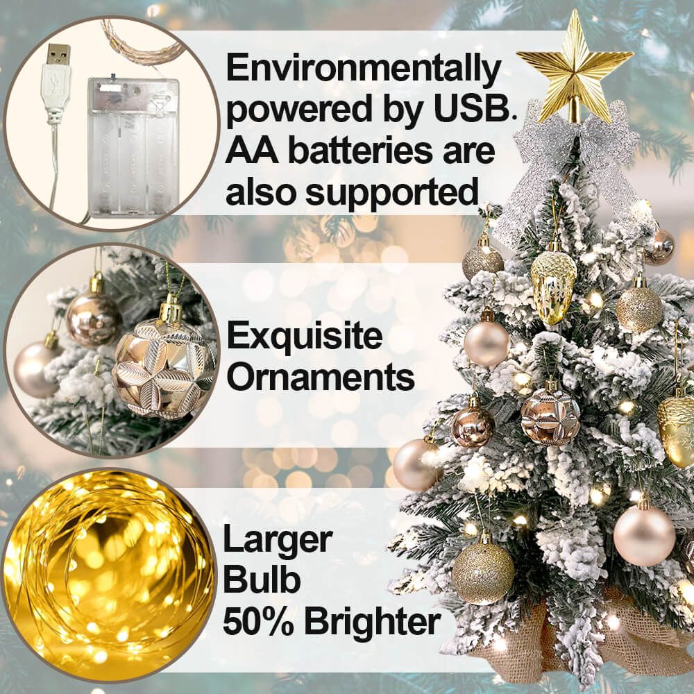 Small Xmas tree for office desk with exquisite ornaments, USB and AA battery power options, and brighter larger bulbs