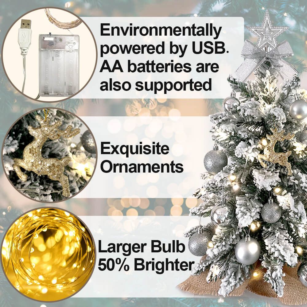 Small Xmas tree for office desk with USB power, exquisite ornaments, and brighter larger bulbs