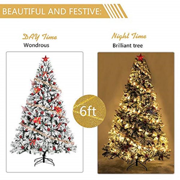 6ft snow flocked artificial Christmas tree decorated for day and night displays