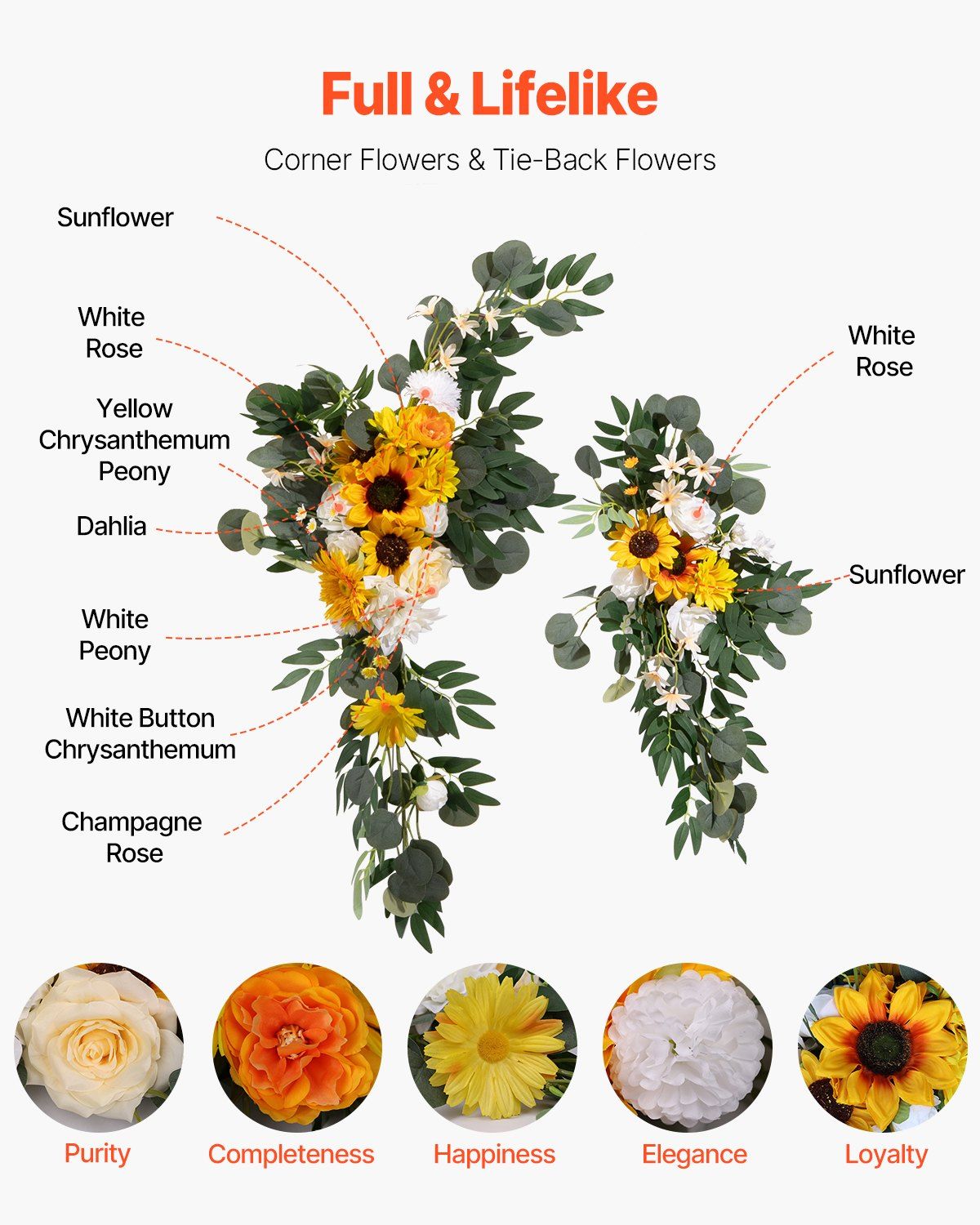 Sunflower wedding arch decor with white roses, yellow chrysanthemums, peonies, dahlias, and green foliage