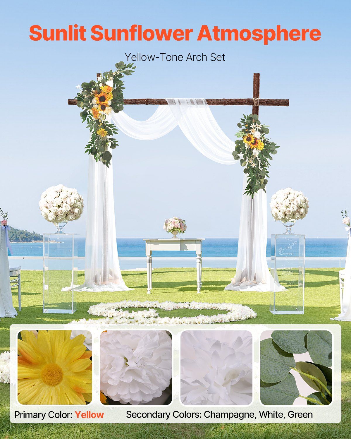 Sunflower wedding arch decor with yellow sunflowers and white drapes set up outdoors near water