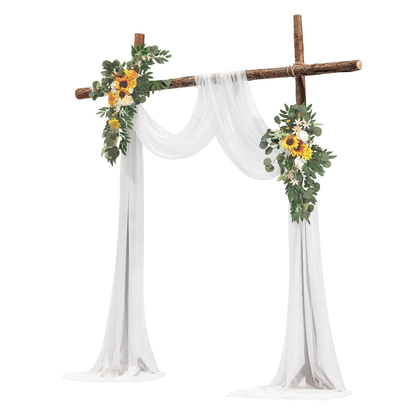 Sunflower wedding arch decor with white draped fabric and green foliage on rustic wooden frame