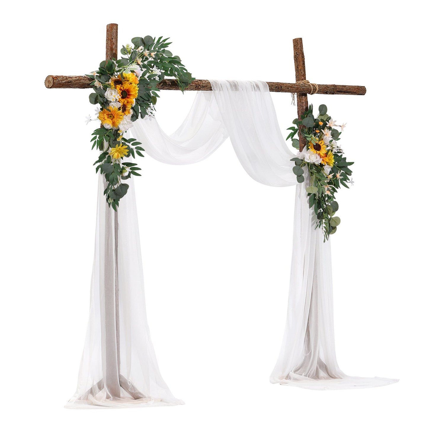 Sunflower wedding arch decor with white draped fabric and rustic wooden frame adorned with sunflowers and greenery