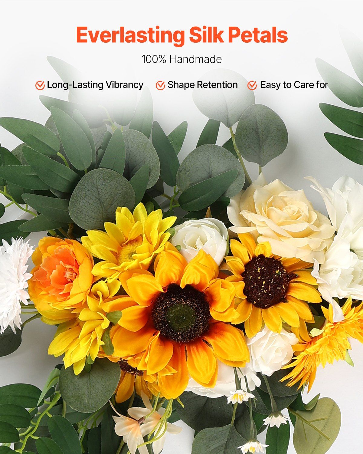 Sunflower wedding arch decor with vibrant silk petals including sunflowers and white roses for long-lasting vibrancy