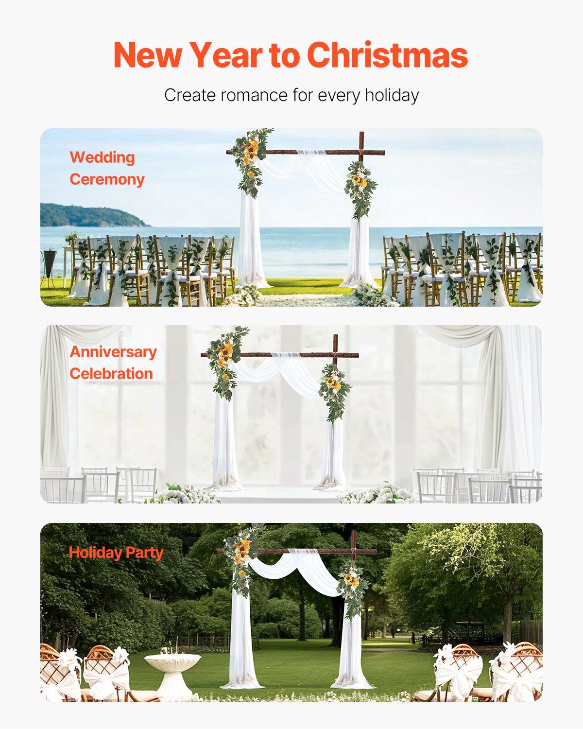 Sunflower wedding arch decor displayed in outdoor and indoor ceremony settings for weddings and celebrations