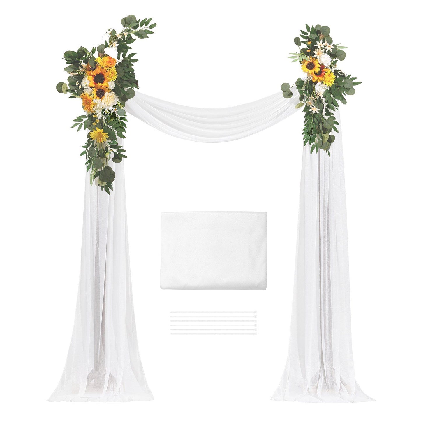 Sunflower wedding arch decor with white draped fabric and green foliage by FauxMart.com