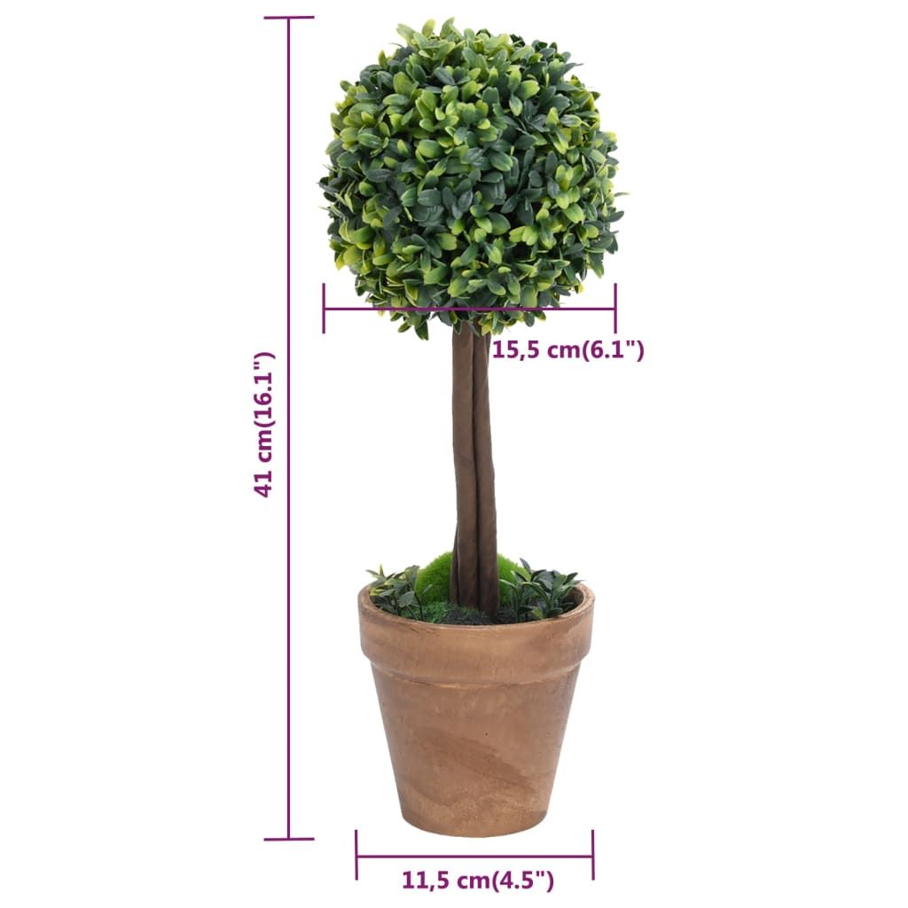 Artificial boxwood plants in a brown pot with a round green topiary shape measuring 41 cm tall