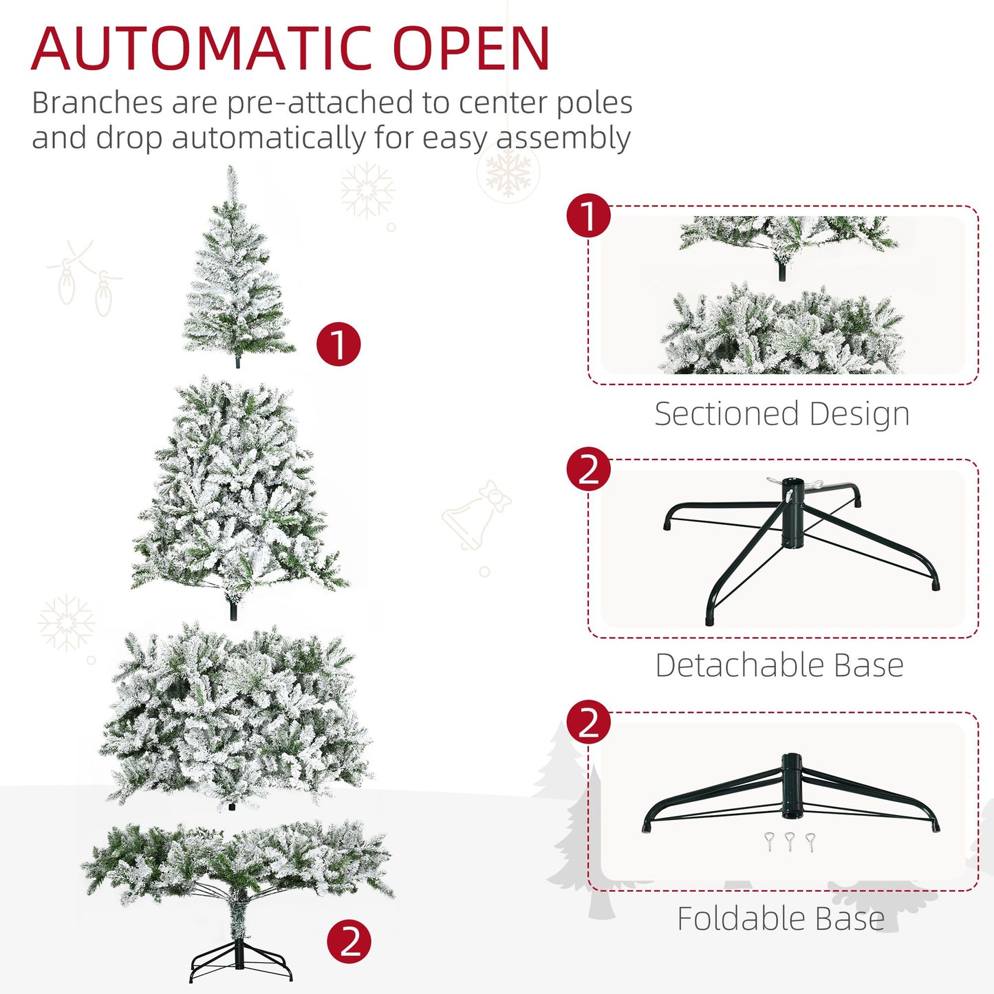 Unlit flocked Christmas tree for sale with automatic open branches, detachable and foldable base