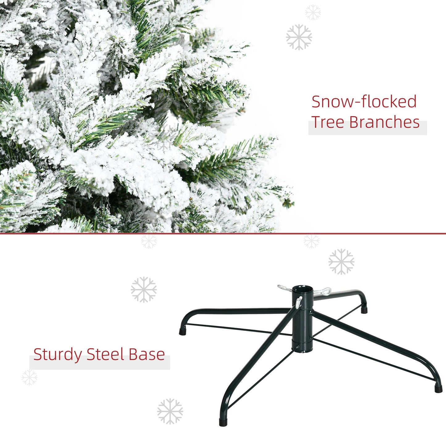 Close-up of snow-flocked tree branches and sturdy steel base of unlit flocked Christmas tree for sale from FauxMart.com