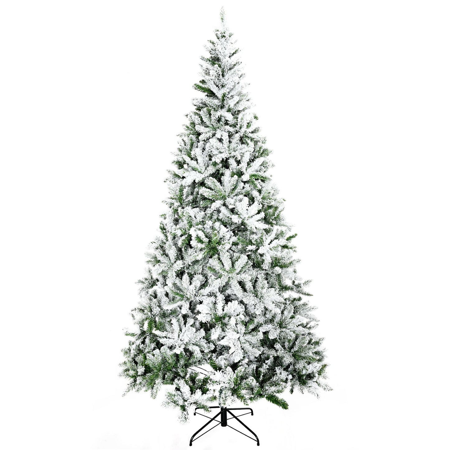 Unlit flocked Christmas tree for sale with snowy white branches and green needles on metal stand