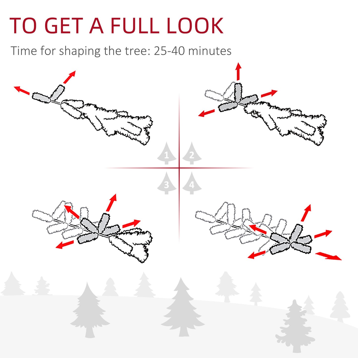Assembly instructions illustration for shaping the 6 foot snow flocked Christmas tree branches