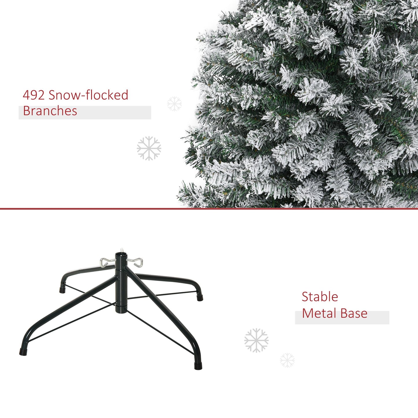 6 foot snow flocked Christmas tree with 492 snowy branches and stable metal base from FauxMart.com