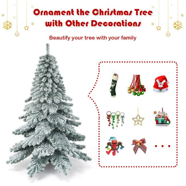 6 foot snow flocked Christmas tree with recommended holiday decorations from FauxMart.com