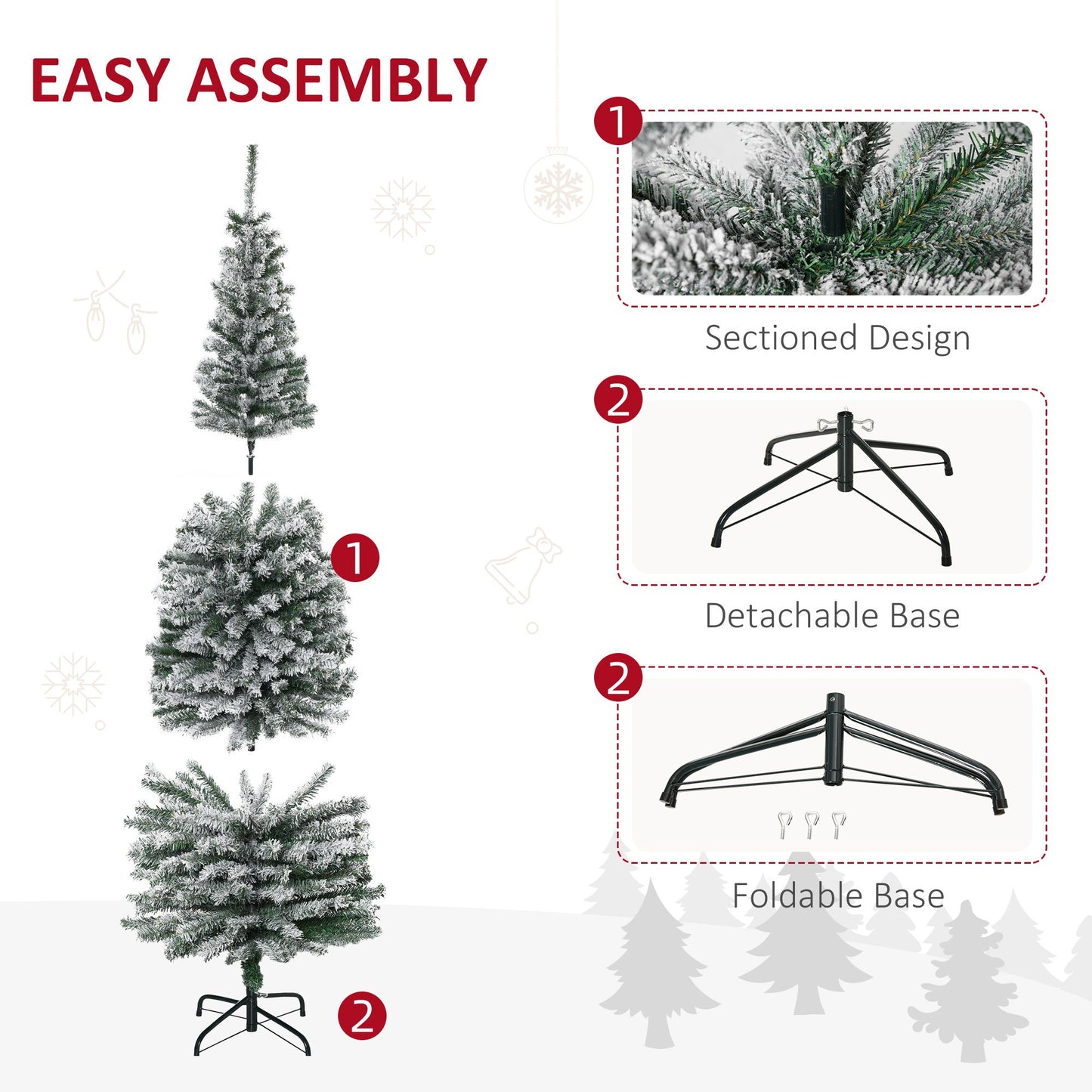 Easy assembly instructions for 6 foot snow flocked Christmas tree with sectioned design and foldable detachable base