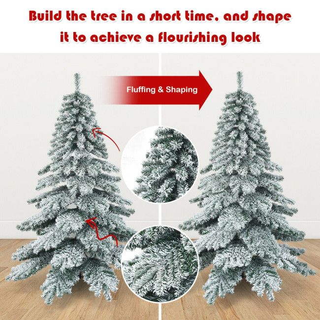 6 foot snow flocked Christmas tree from FauxMart.com showing before and after fluffing and shaping for a full look