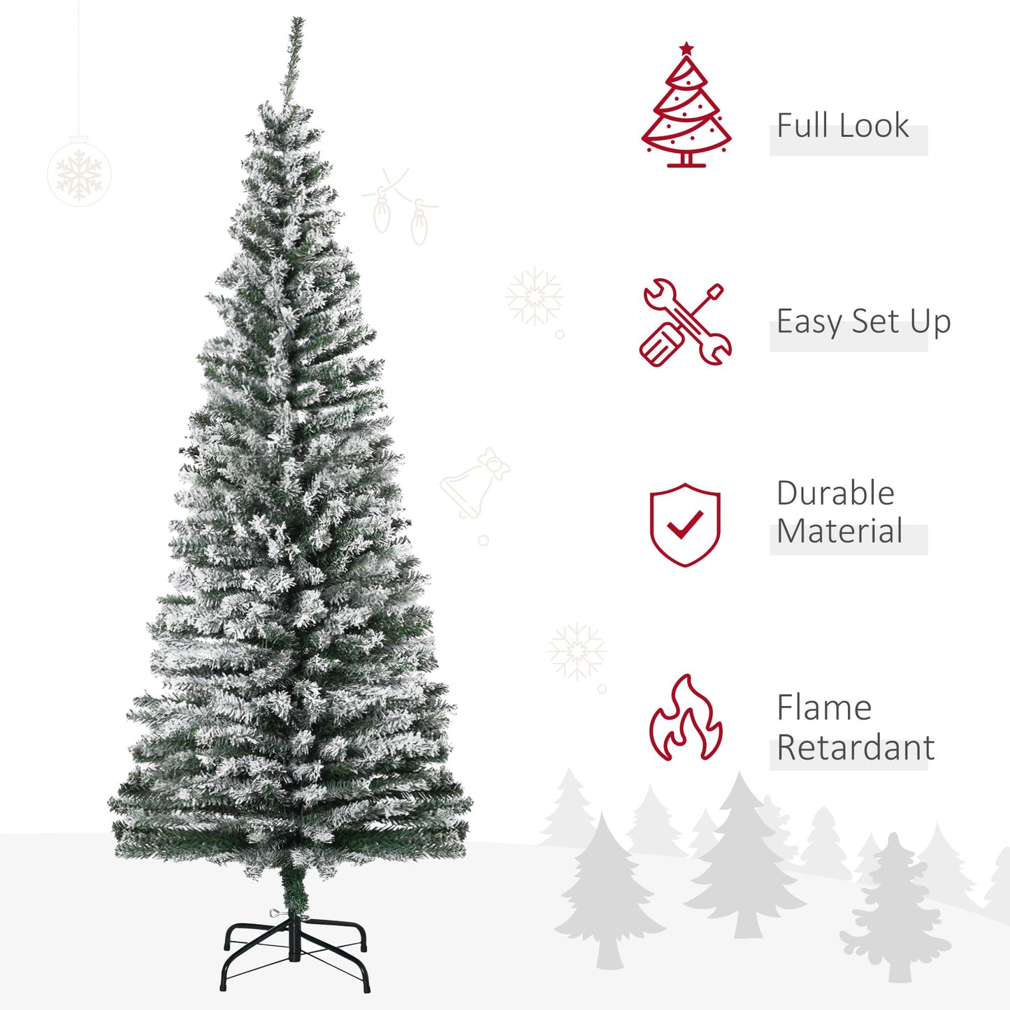 6 foot snow flocked Christmas tree with full look easy set up durable material and flame retardant features