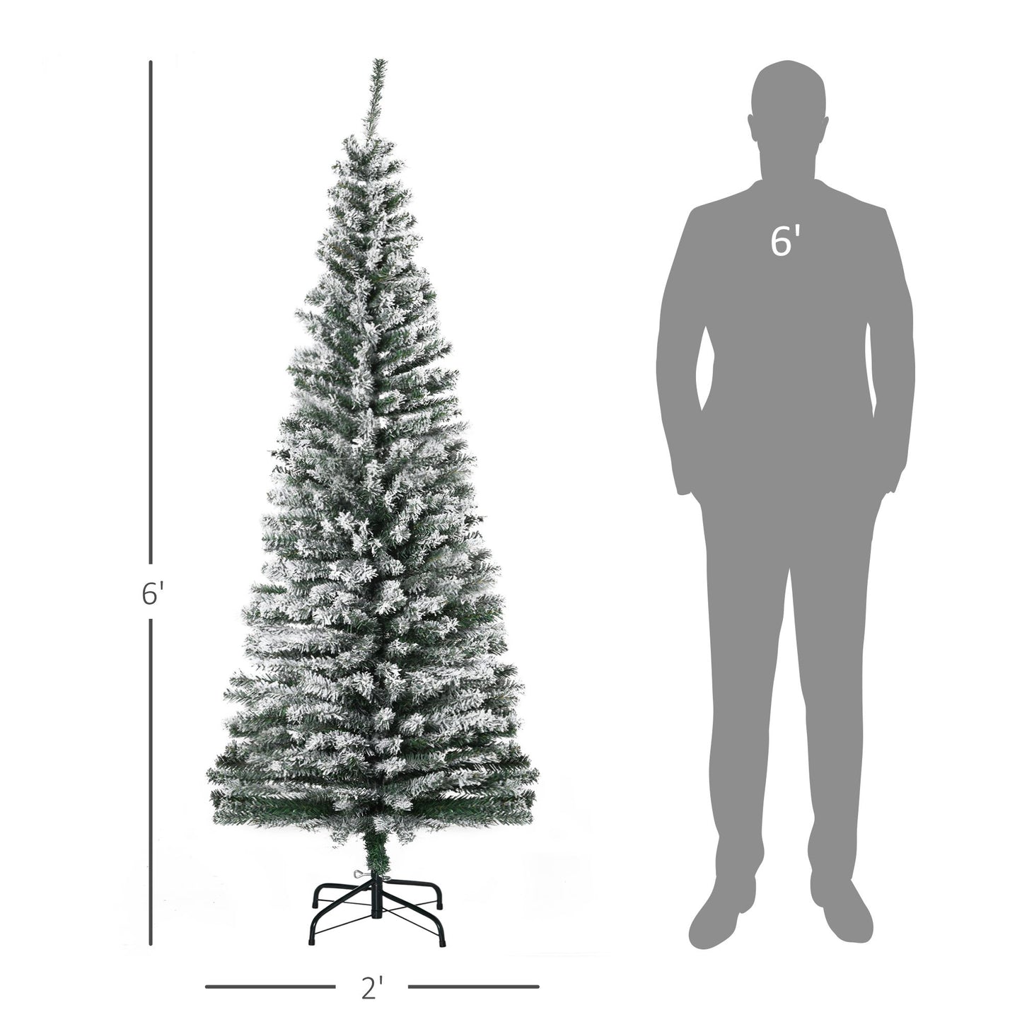 6 foot snow flocked Christmas tree with metal stand next to a 6 foot tall silhouette for size comparison