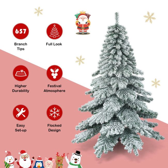 6 foot snow flocked Christmas tree with 657 branch tips and full look for a festive atmosphere