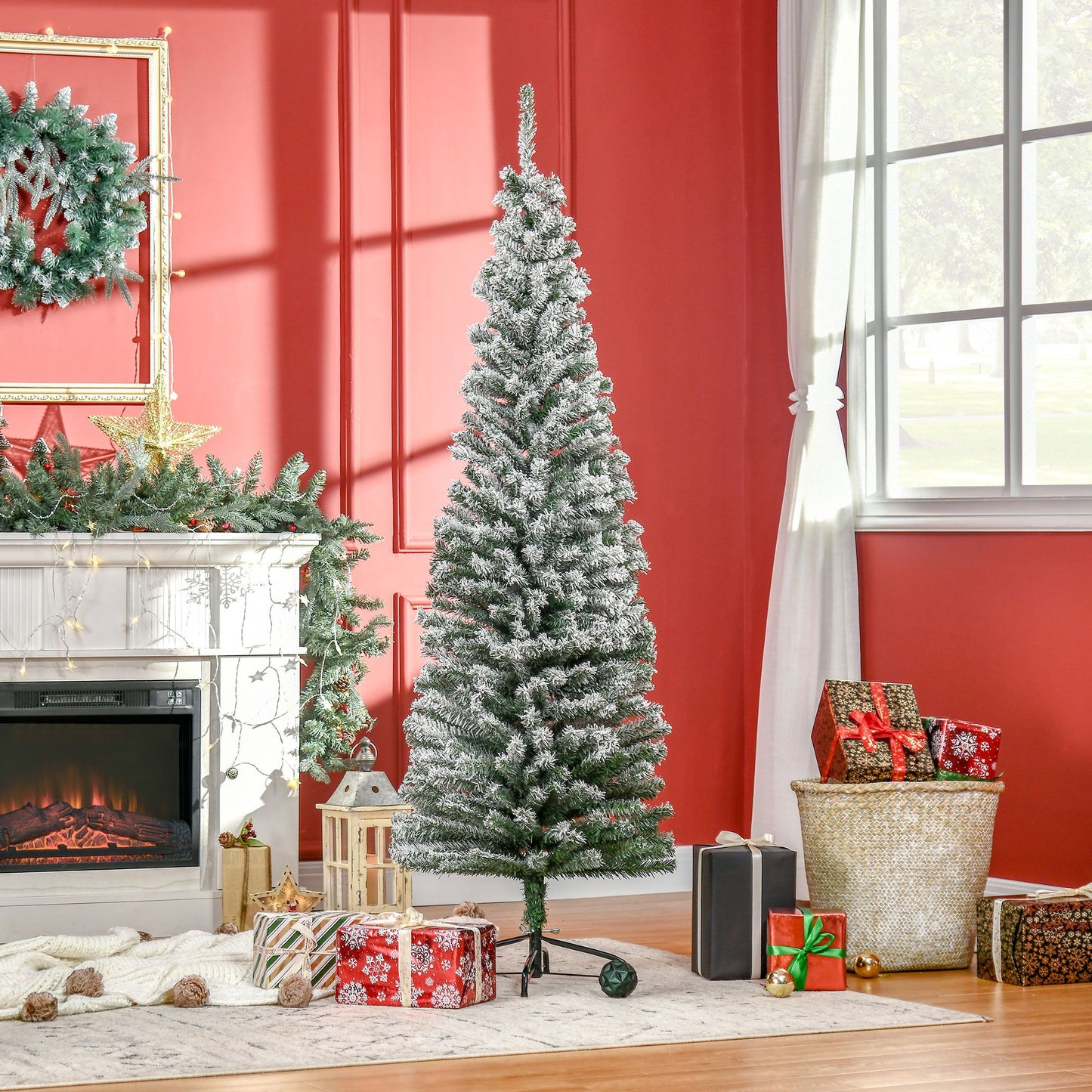 6 foot snow flocked Christmas tree standing in a festive living room with presents and holiday decor