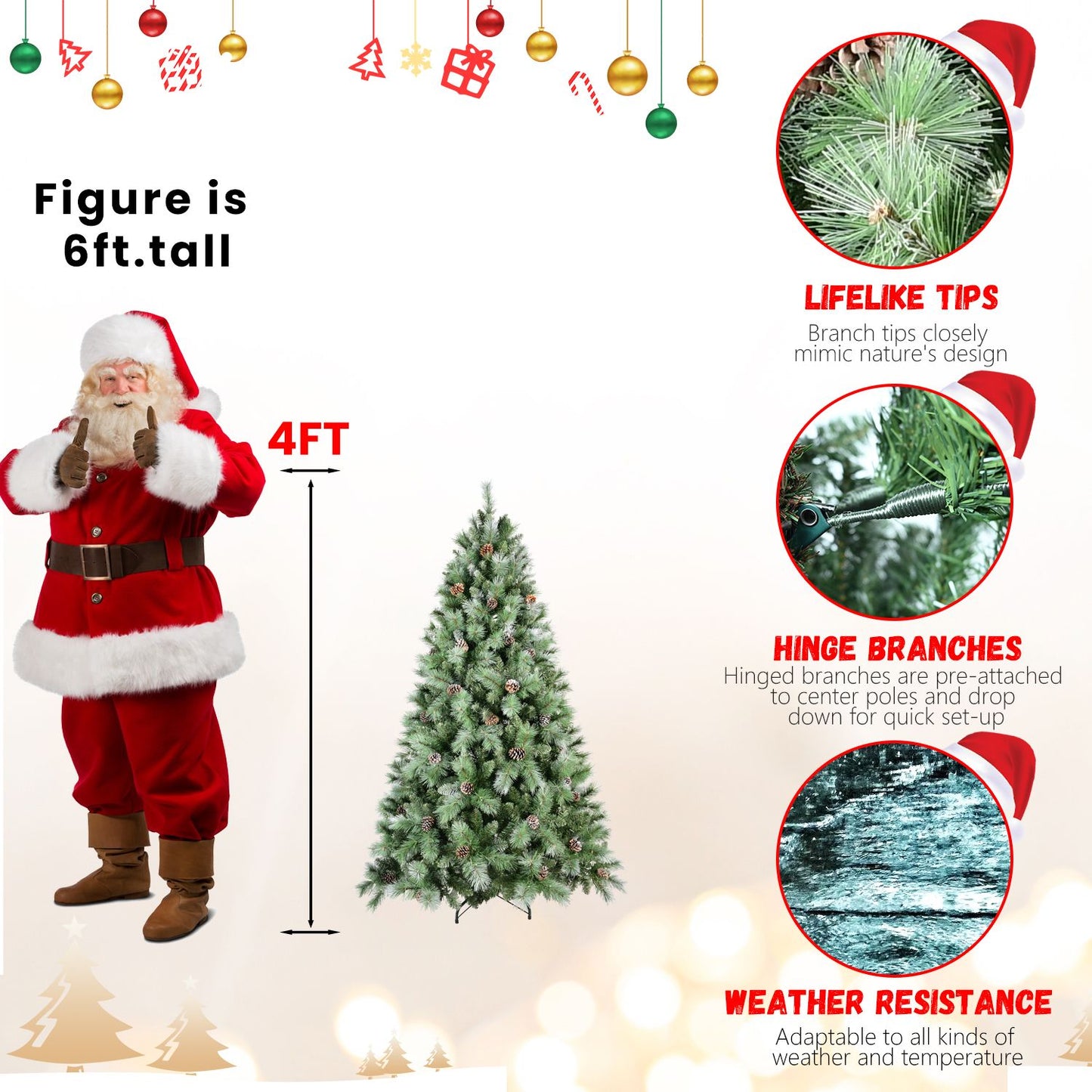 7ft frosted artificial Christmas tree with lifelike tips, hinge branches, and weather resistance shown next to 6ft Santa figure