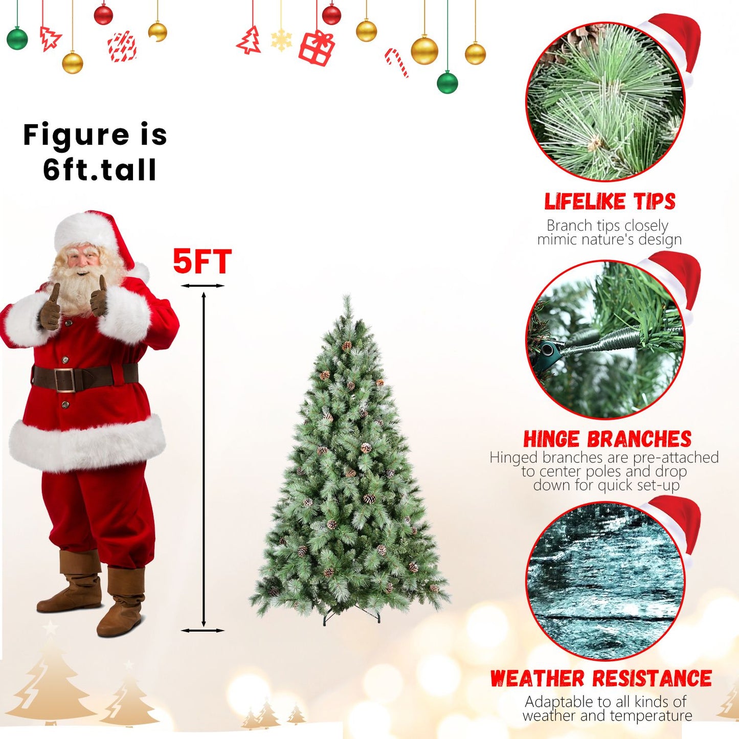7ft frosted artificial Christmas tree with lifelike tips hinge branches and weather resistance next to 5ft Santa figure