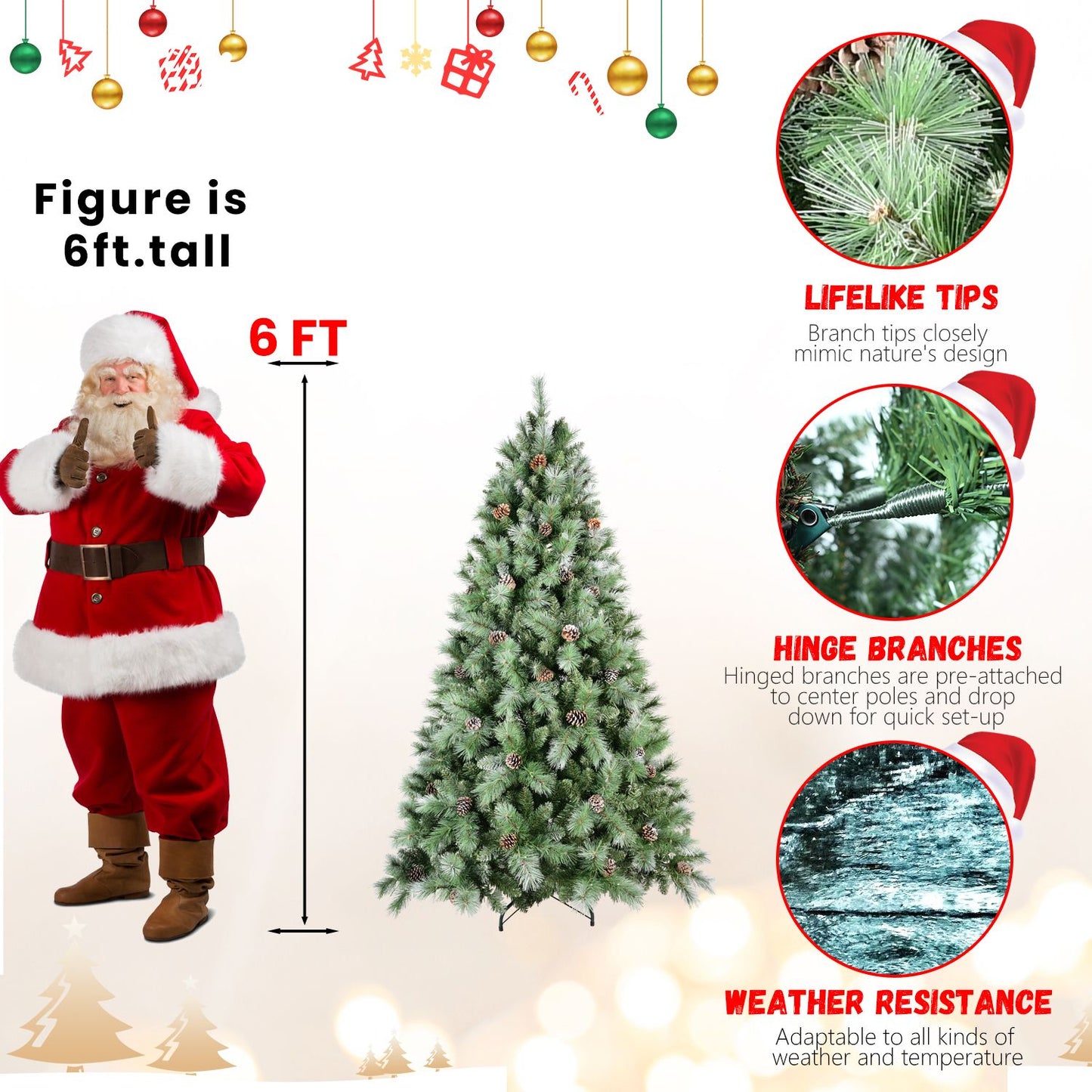 7ft frosted artificial Christmas tree with lifelike tips, hinged branches, and weather resistance displayed next to a 6ft tall Santa figure