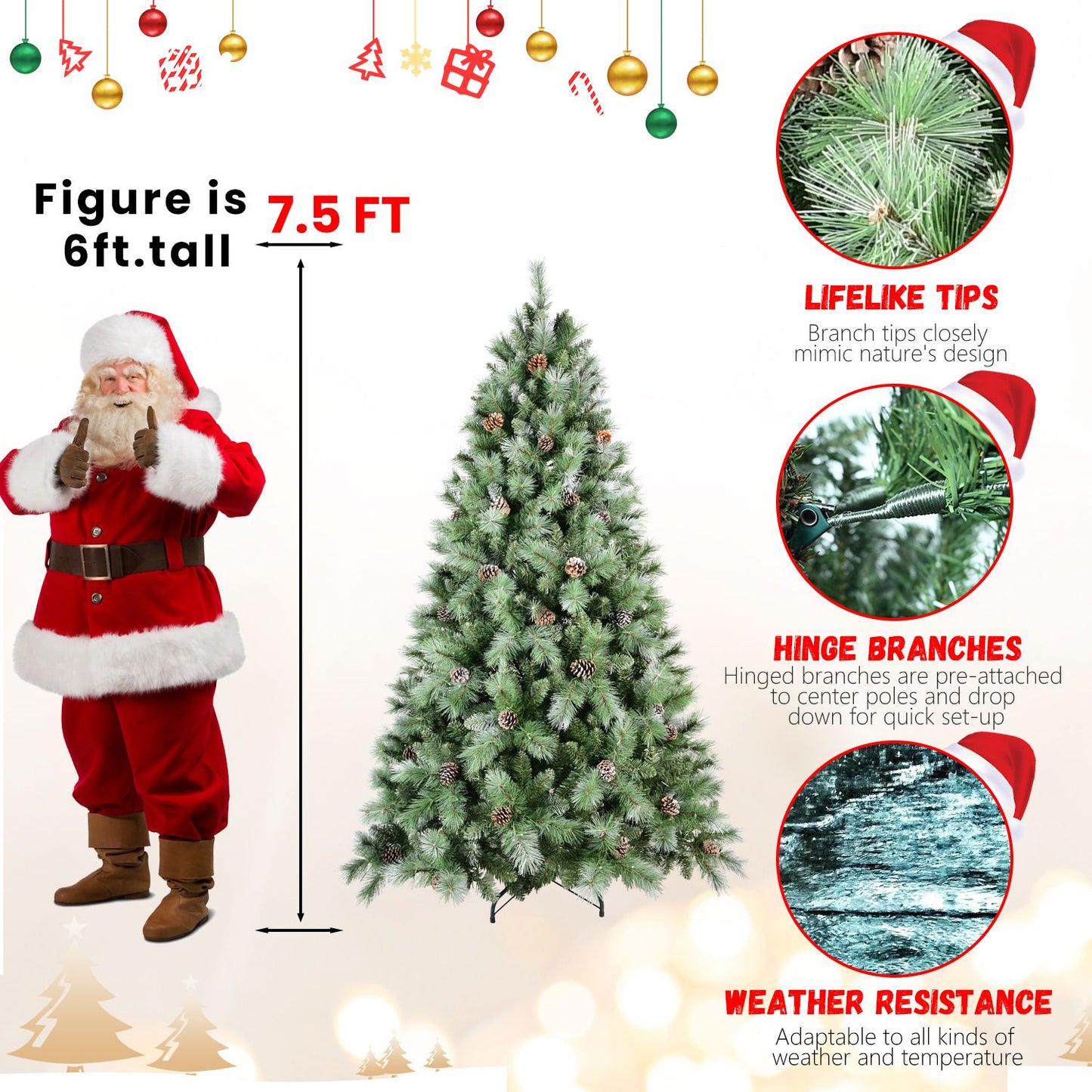 7ft frosted artificial Christmas tree with lifelike tips and hinge branches for easy setup and weather resistance