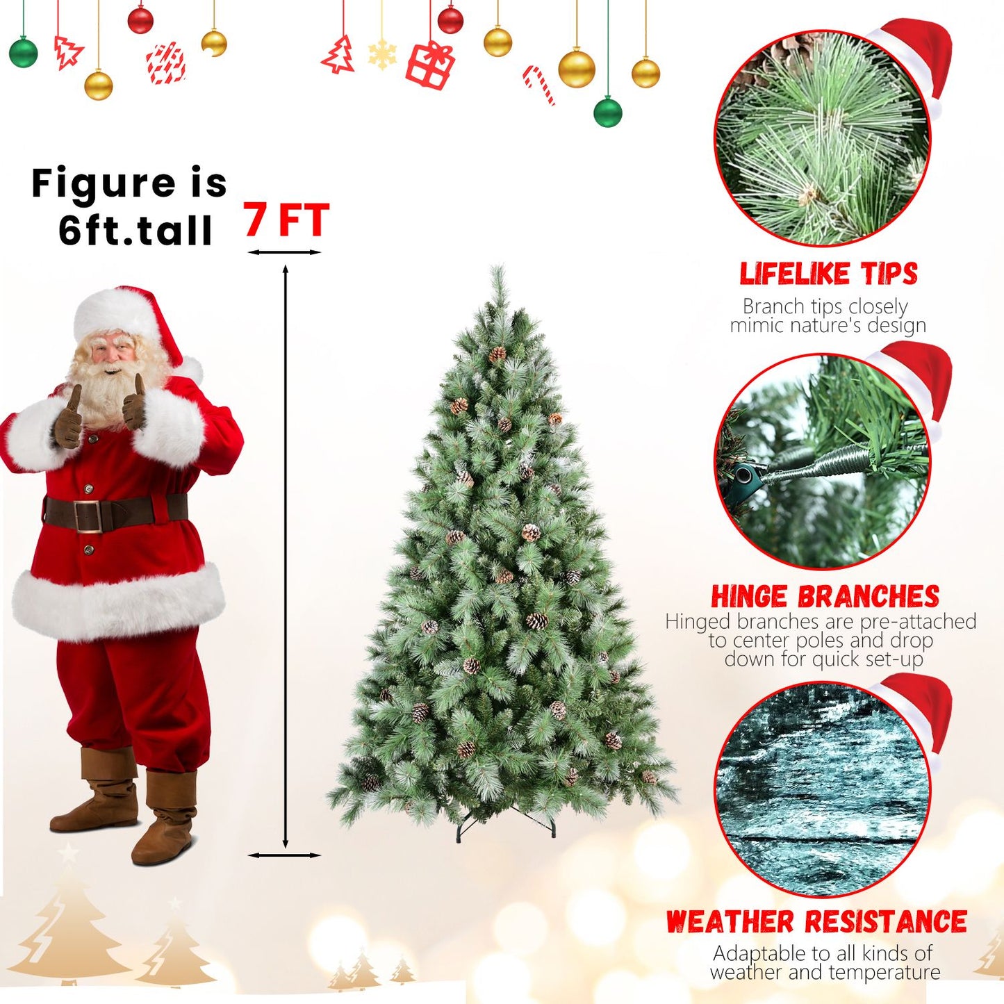 7ft frosted artificial Christmas tree with lifelike tips, hinge branches, and weather resistance for easy setup