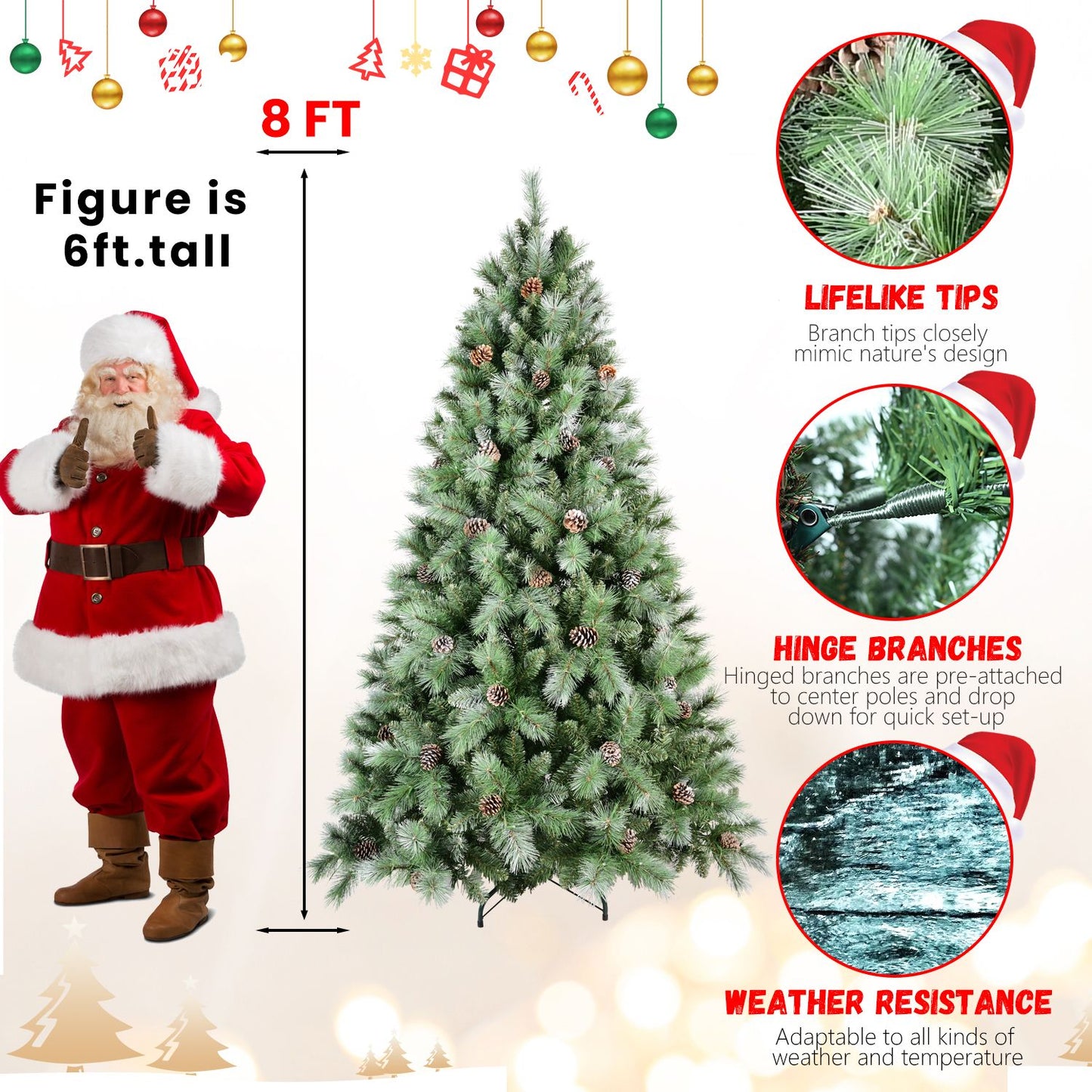 7ft frosted artificial Christmas tree with lifelike tips, hinged branches, and weather resistance displayed next to a 6ft Santa figure