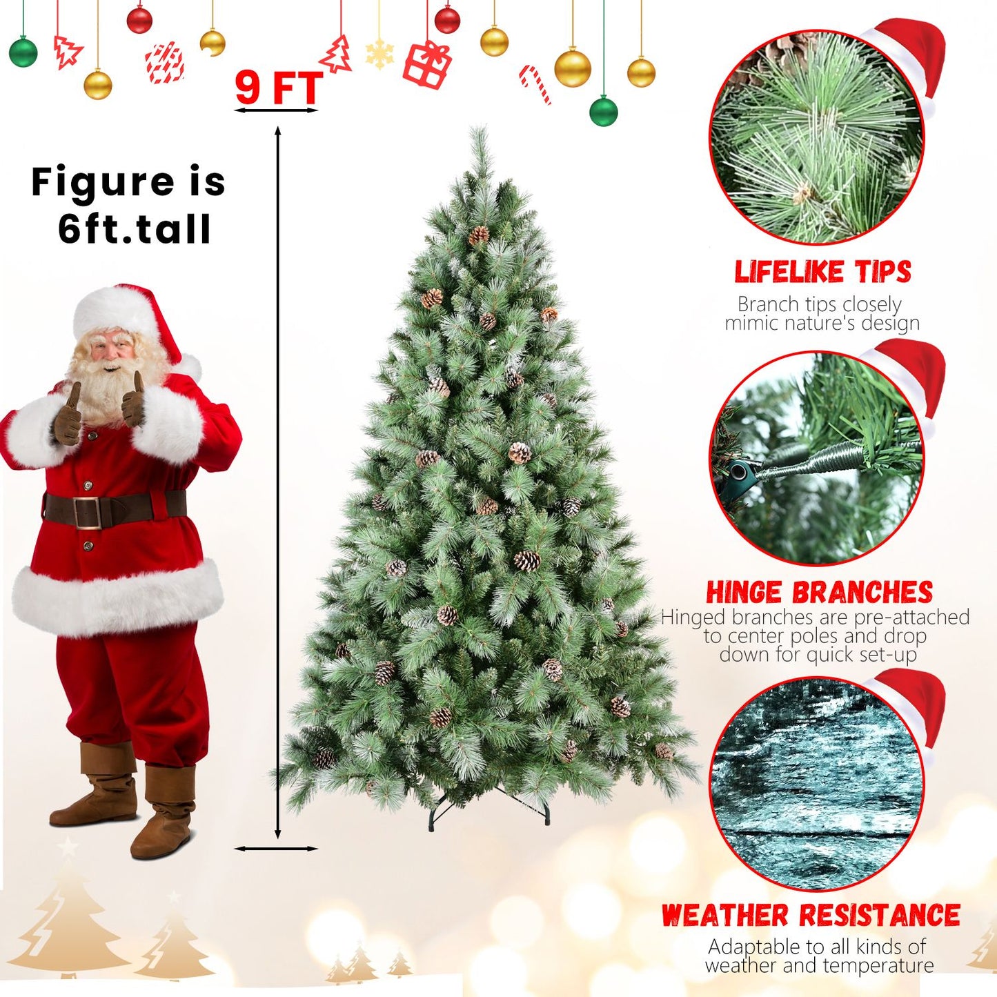 7ft frosted artificial Christmas tree with lifelike tips and hinge branches showing weather resistance
