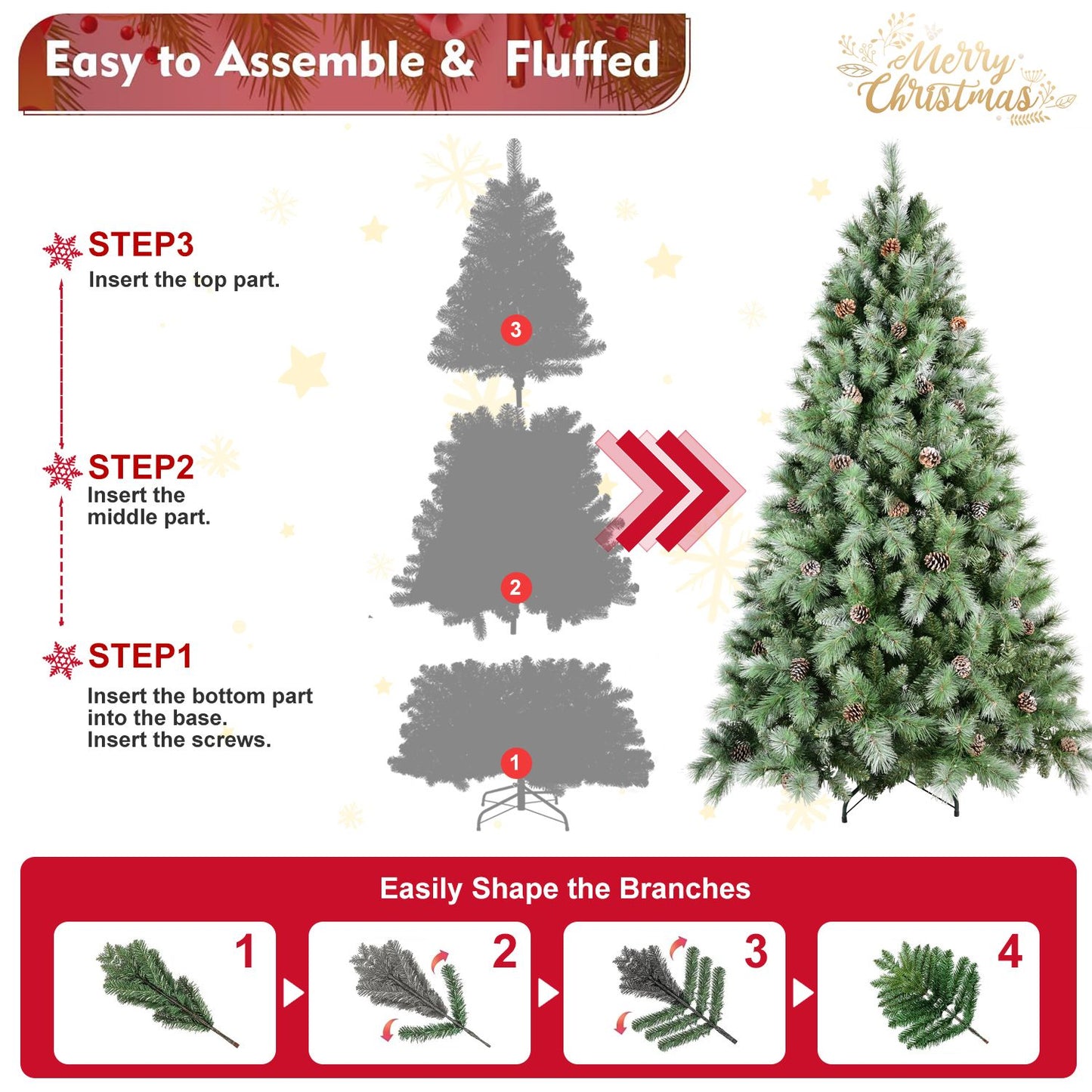7ft frosted artificial Christmas tree with easy three-step assembly guide and branch shaping instructions