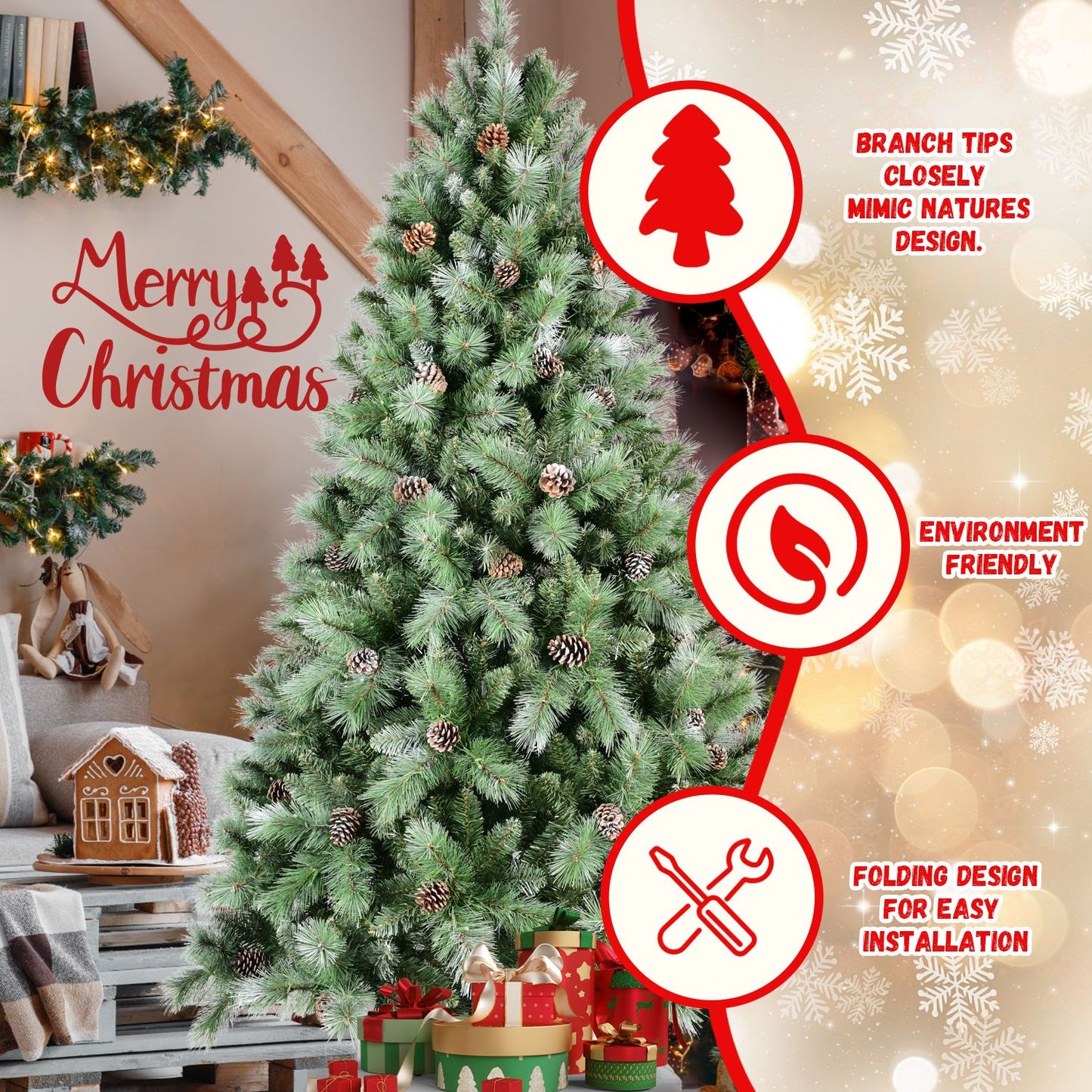 7ft frosted artificial Christmas tree with pine cones and realistic branch tips in cozy living room