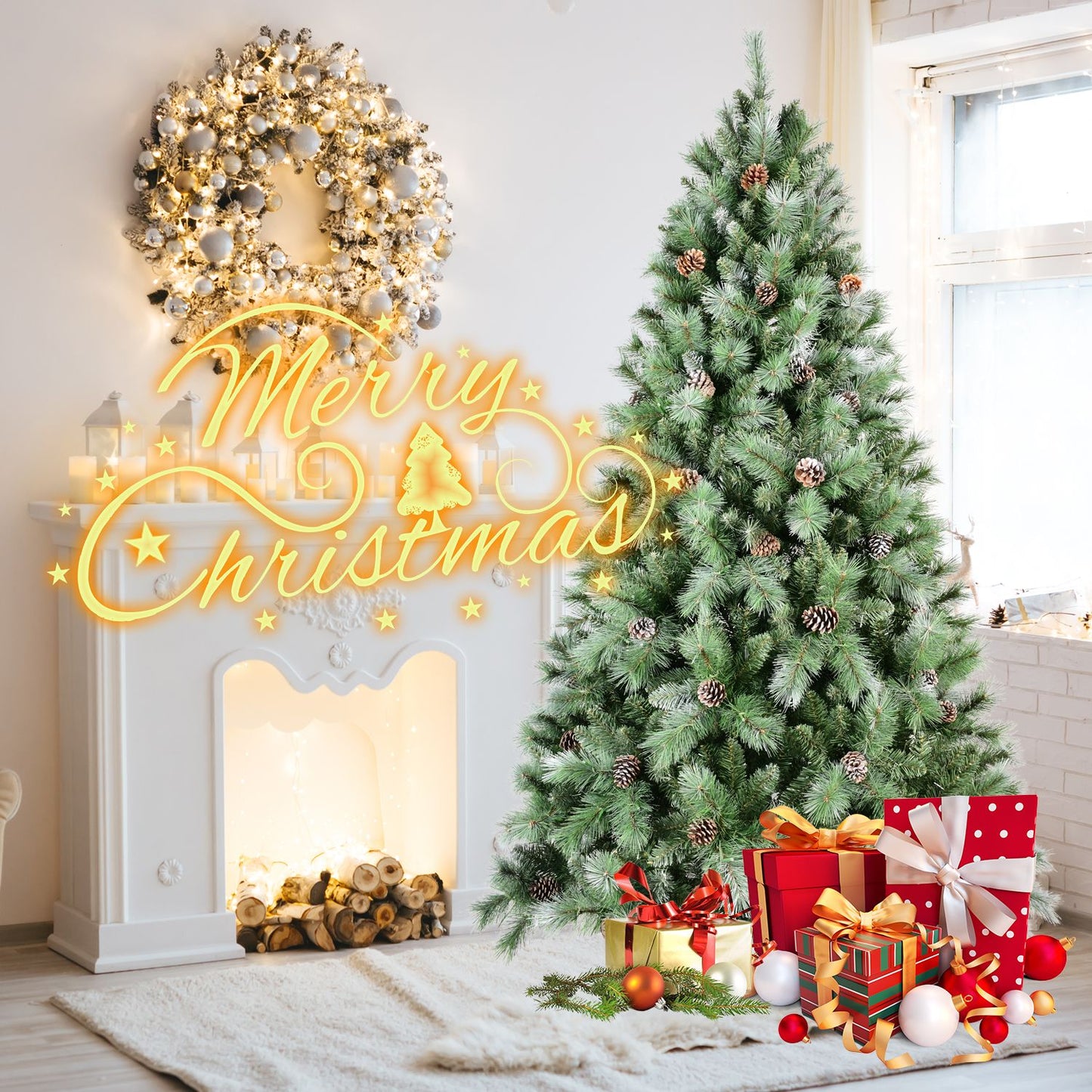 7ft frosted artificial Christmas tree decorated with pine cones and surrounded by wrapped holiday gifts
