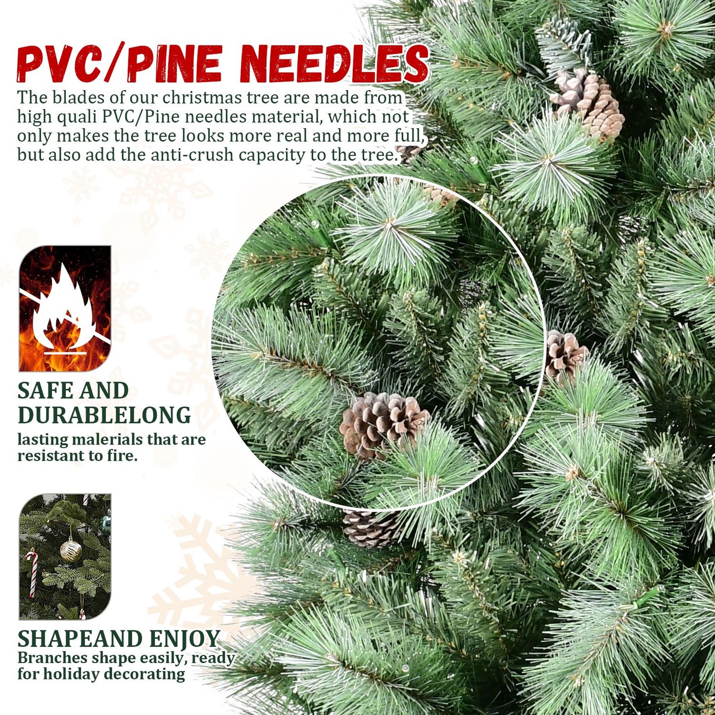 Close-up of 7ft frosted artificial Christmas tree with PVC pine needles and pine cones from FauxMart.com