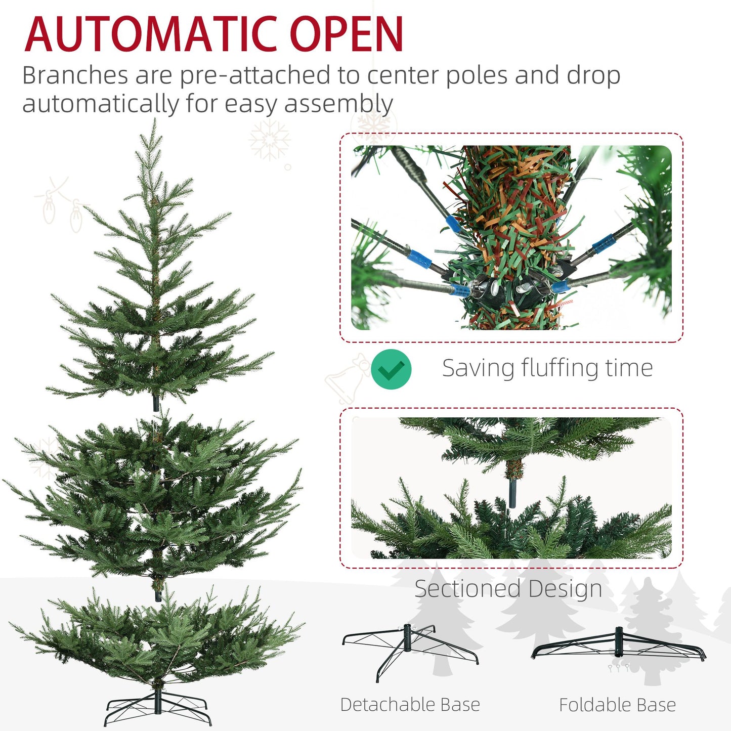 9 ft artificial Christmas tree with automatic open branches and detachable foldable base for easy assembly