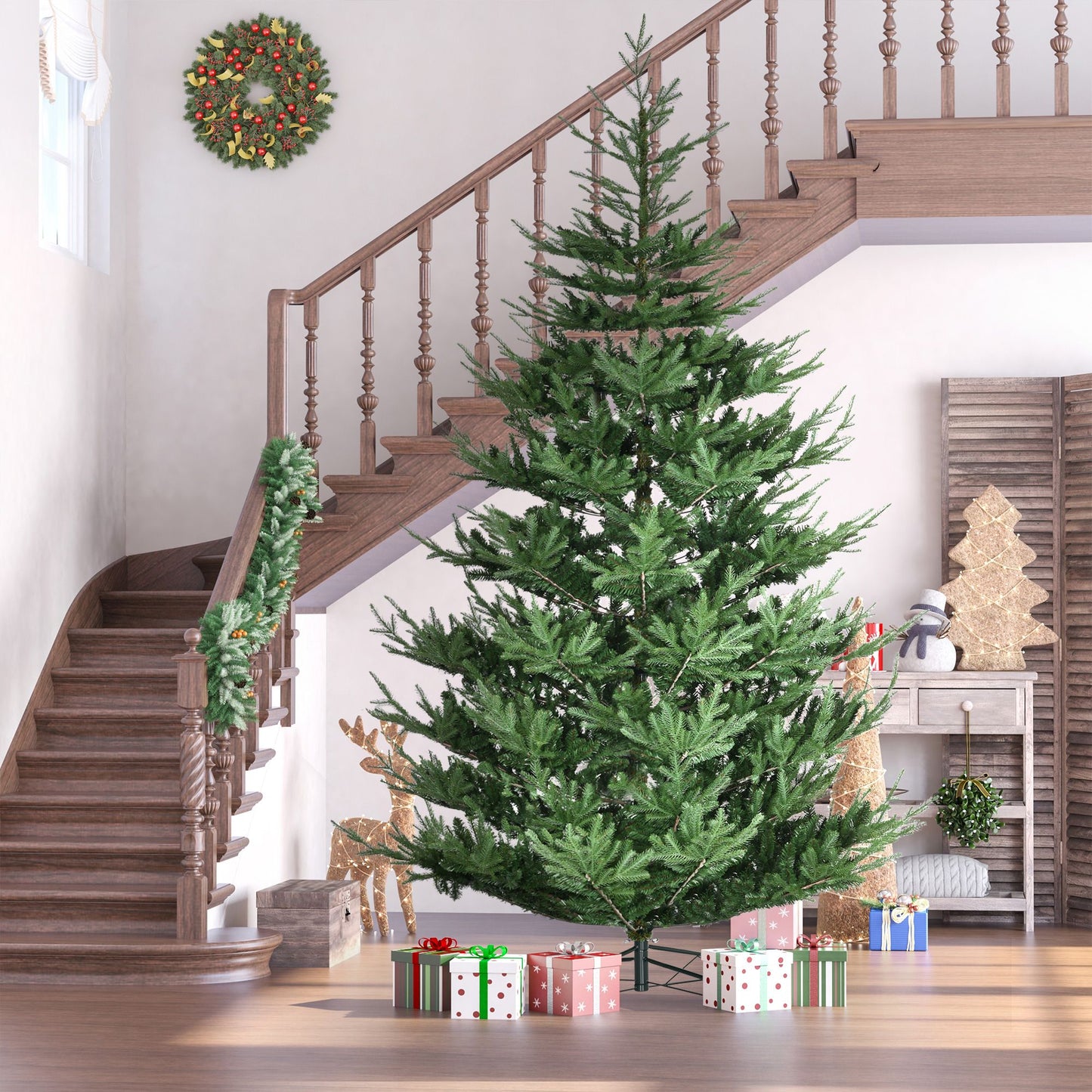 9 ft artificial Christmas tree with dense green branches and decorative lights in a cozy living room