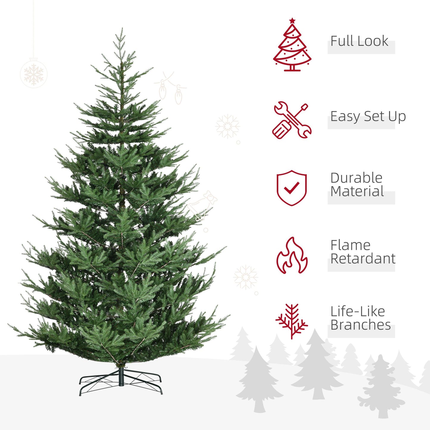 9 ft artificial Christmas tree with life-like branches, durable material, and easy setup from FauxMart.com