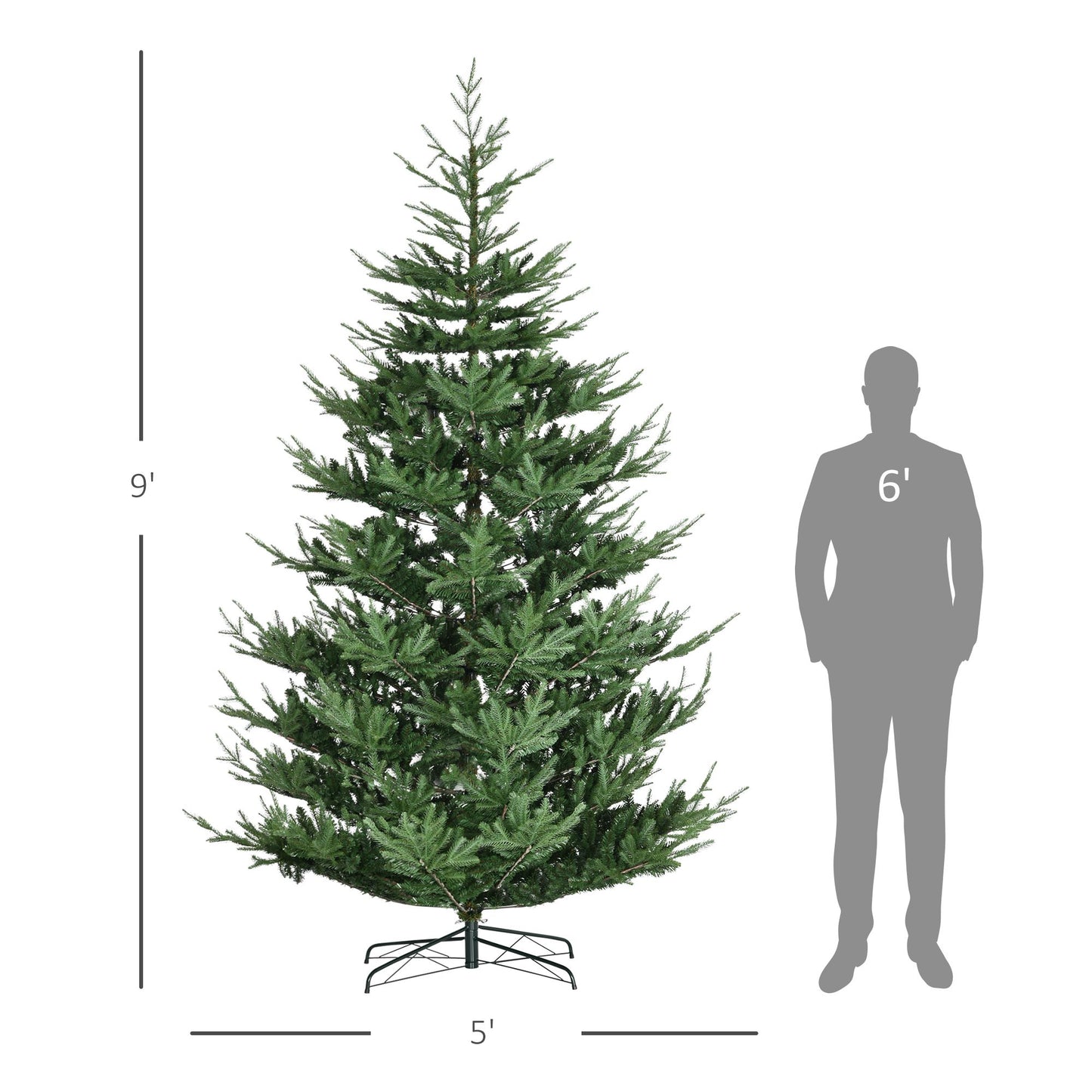 FauxMart.com 9 ft artificial Christmas tree with green full branches and metal stand for holiday decor