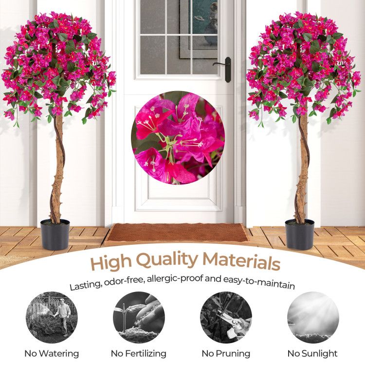 Artificial azalea tree set with vibrant pink flowers in black pots by FauxMart.com for indoor decor