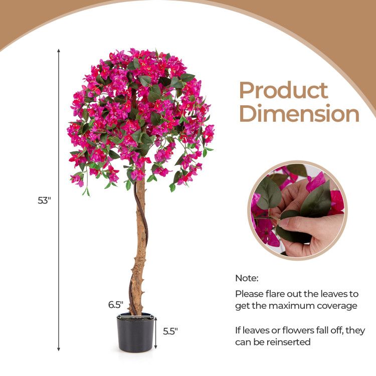 Artificial azalea tree set with vibrant pink flowers in a black pot measuring 53 inches tall