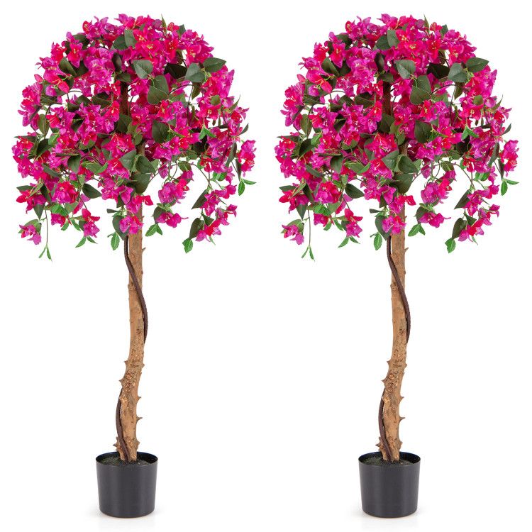 Artificial azalea tree set featuring two vibrant pink flowering trees in black pots for home decor
