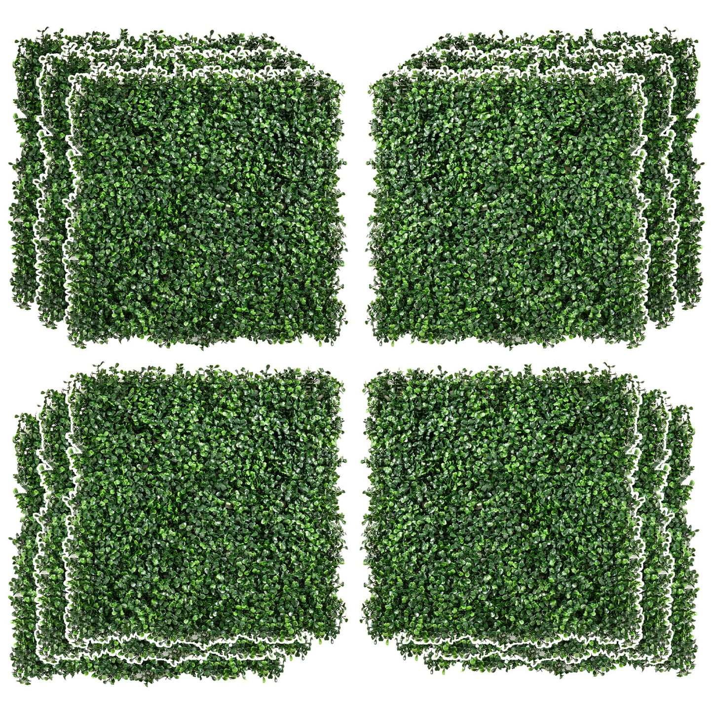 Set of green artificial boxwood hedge panels neatly stacked for decorative and privacy use