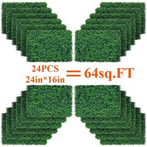 24 PCS artificial boxwood wall panels providing 64 sq ft of lush greenery for decor and landscaping projects
