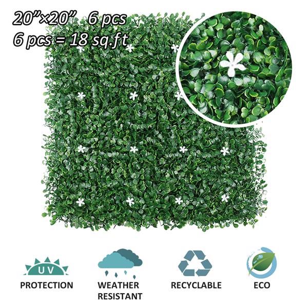 Set of six 20 by 20 inch artificial boxwood hedge panels with white flowers and eco friendly features