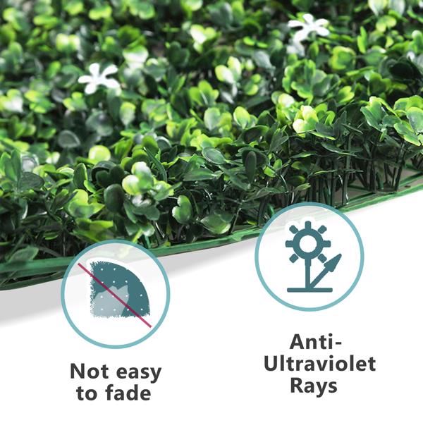 Close-up of artificial boxwood hedge panels showing green leaves with anti-ultraviolet rays and fade resistance features