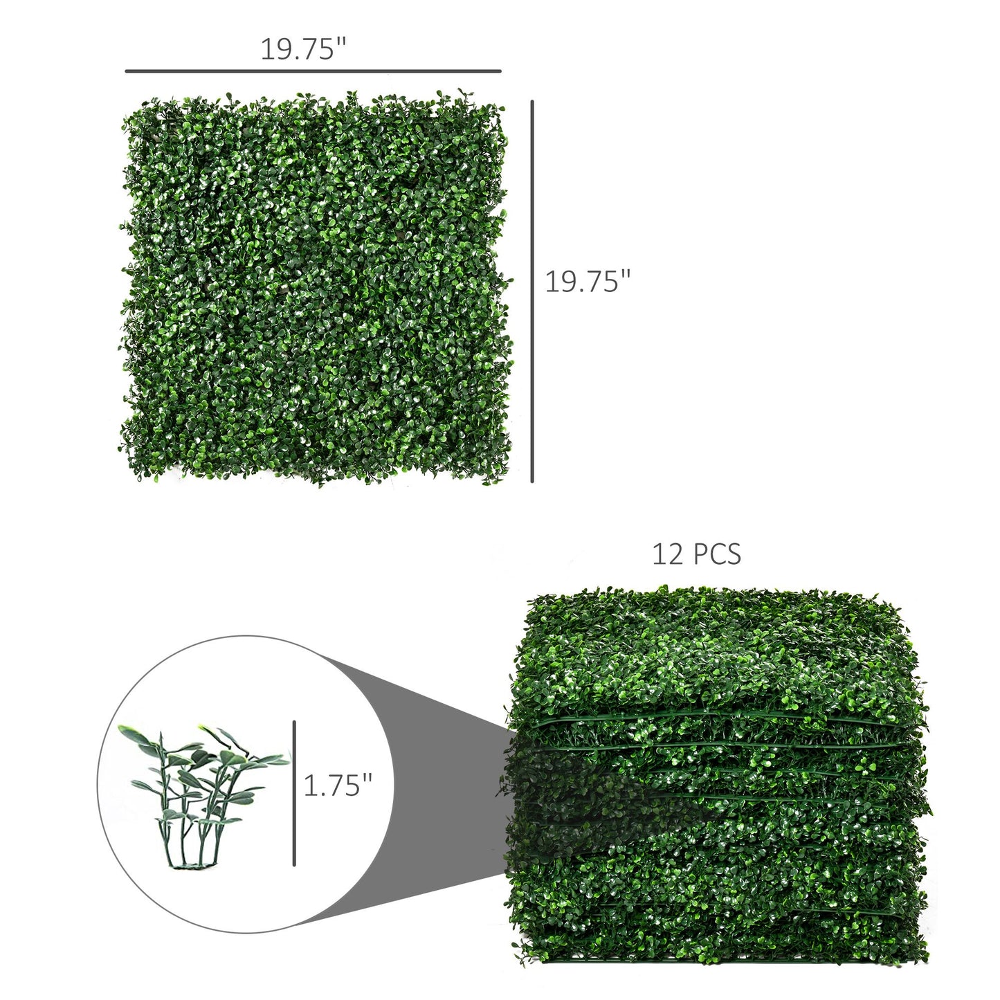 Set of 12 artificial boxwood hedge panels measuring 19.75 by 19.75 inches with realistic dense green leaves