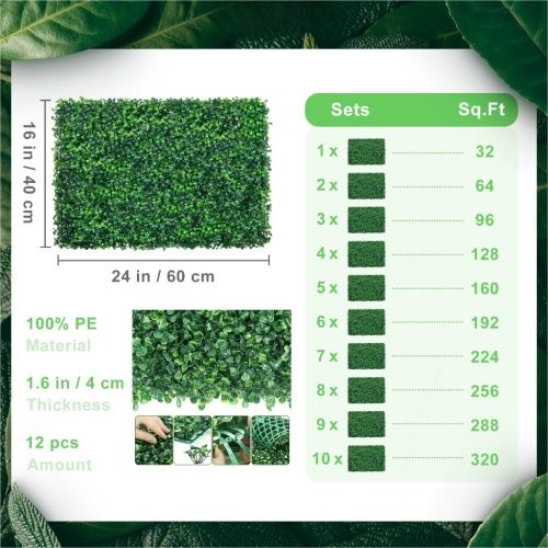 Artificial boxwood wall panels in green featuring 100% PE material, size options and thickness details